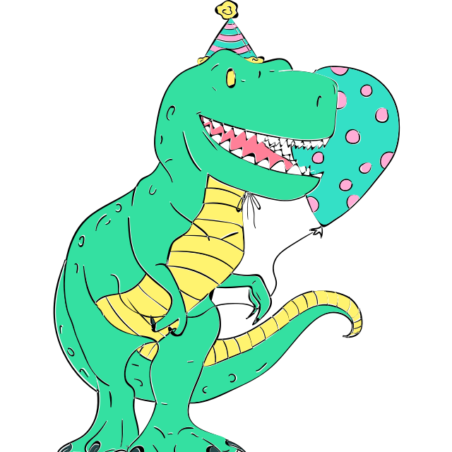 T-Rex holding a balloon and wearing a party hat.