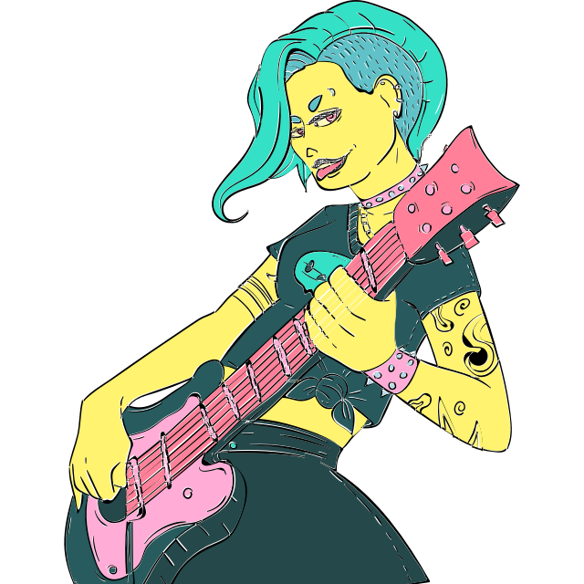 Female rockstar smiling while playing guitar.