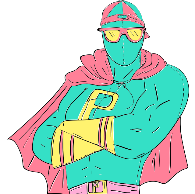 Superhero with a cape, sunglasses, and baseball cap crossing his arms.